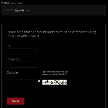 Hesap ID, şifre ve resimdeki karakterler (captcha) alanları ile Submit düğmesi