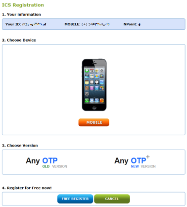 ICS Registration ekranı: cihaz seçimi, eski Any OTP ve yeni Any OTP+ sürümleri, FREE REGISTER düğmesi