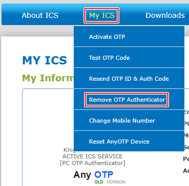 My ICS menüsünde Remove OTP Authenticator seçeneği
