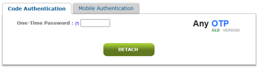 Code Authentication sekmesi: tek kullanımlık şifre alanı ve DETACH düğmesi