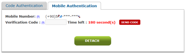Mobile Authentication sekmesi: doğrulama kodu alanı, 180 saniye sayacı, SEND CODE ve DETACH