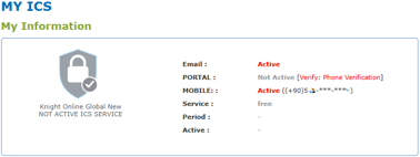 MY ICS ekranında PORTAL satırı Not Active, telefon doğrulaması bekliyor