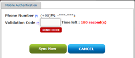 Mobile Authentication penceresi: doğrulama kodu alanı, SEND CODE, 180 saniye sayacı ve Sync Now